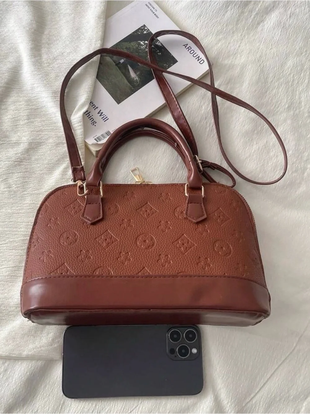 Brown Embossed Top-Handle Women's Medium Handbag Bag
